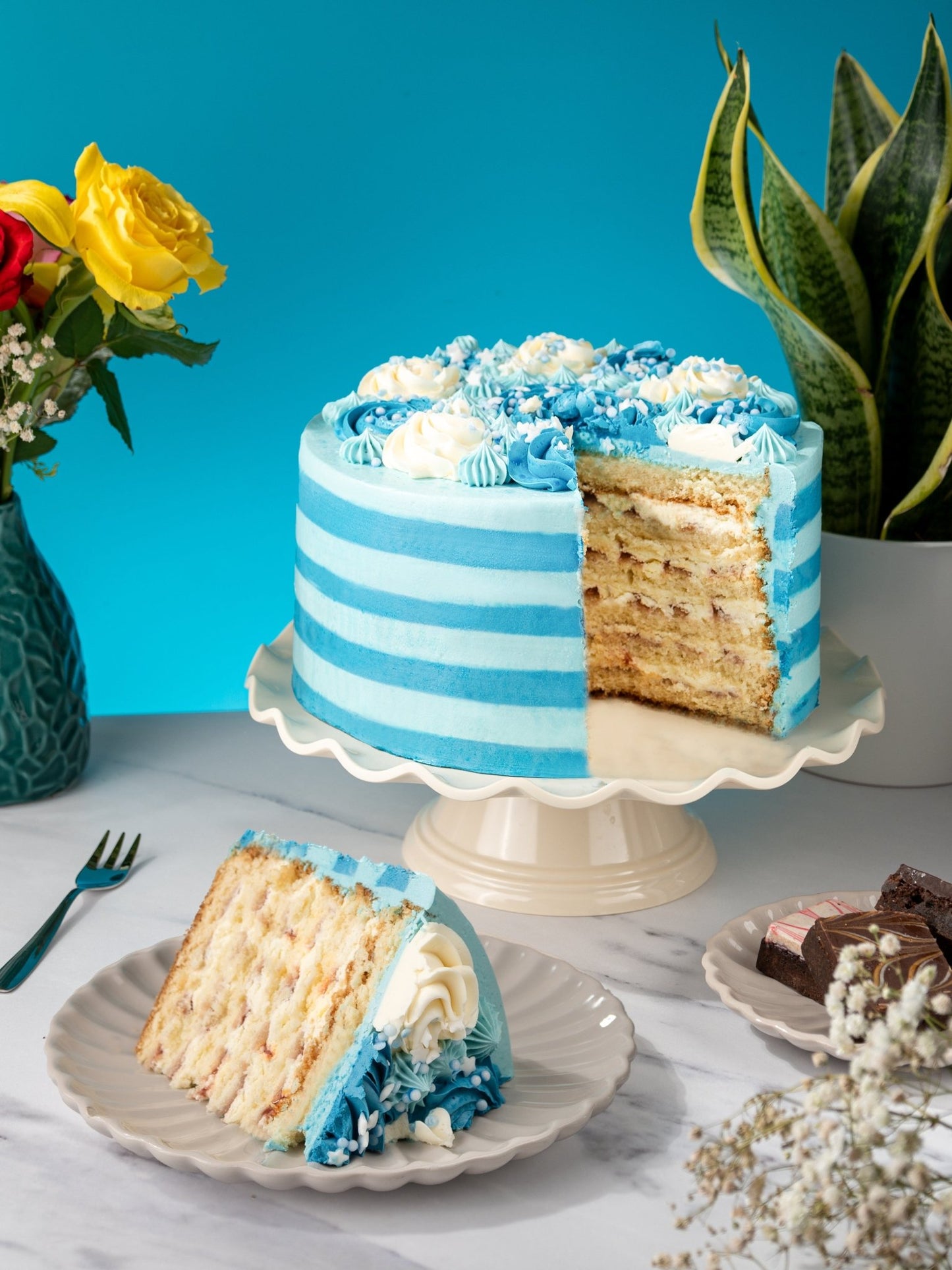 Patisserie Valerie's handmade Blue Candy Stripe Gateau cake delivery