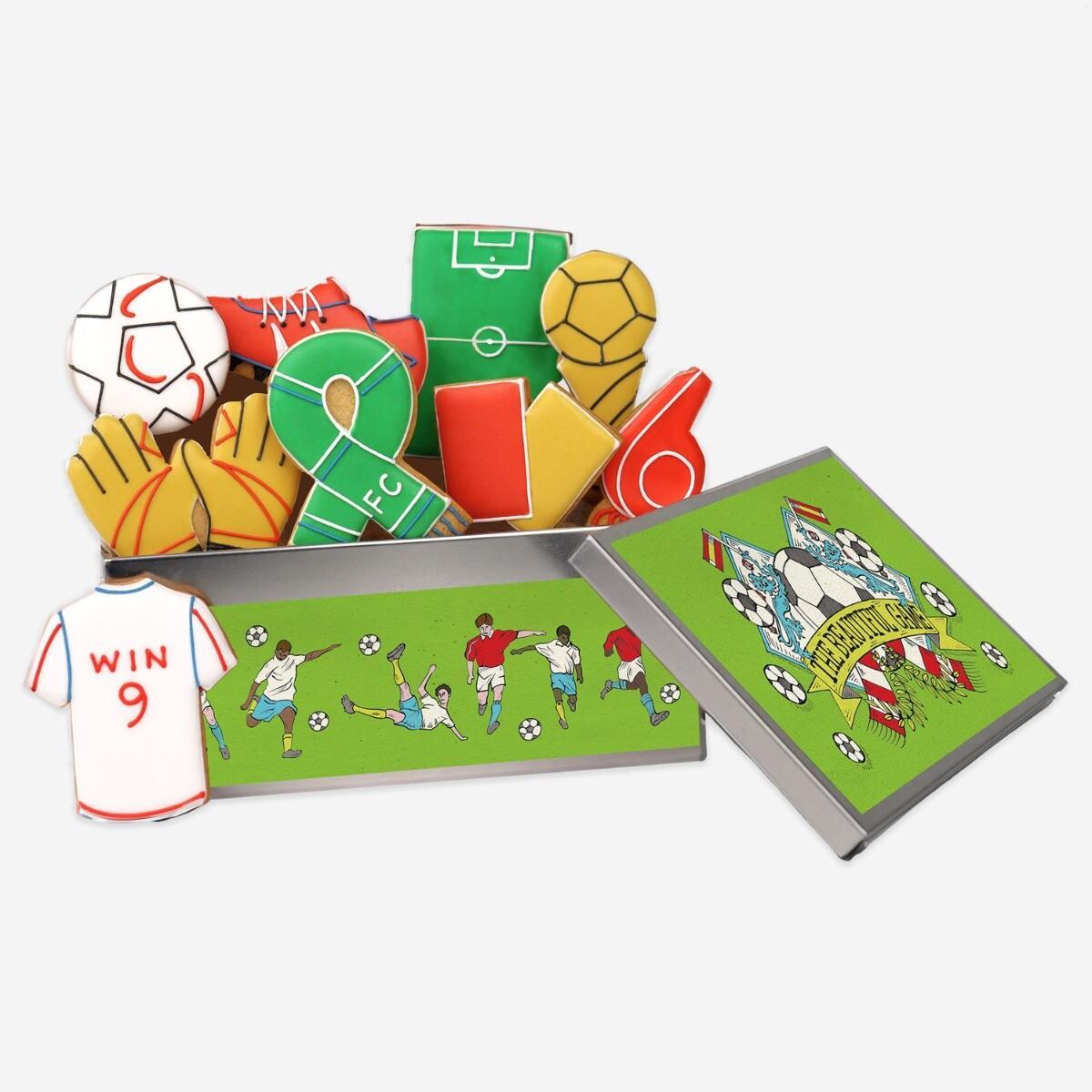 Patisserie Valerie's handmade Biscuiteers Hand-Iced Football Mad Biscuit Tin 100g cake delivery