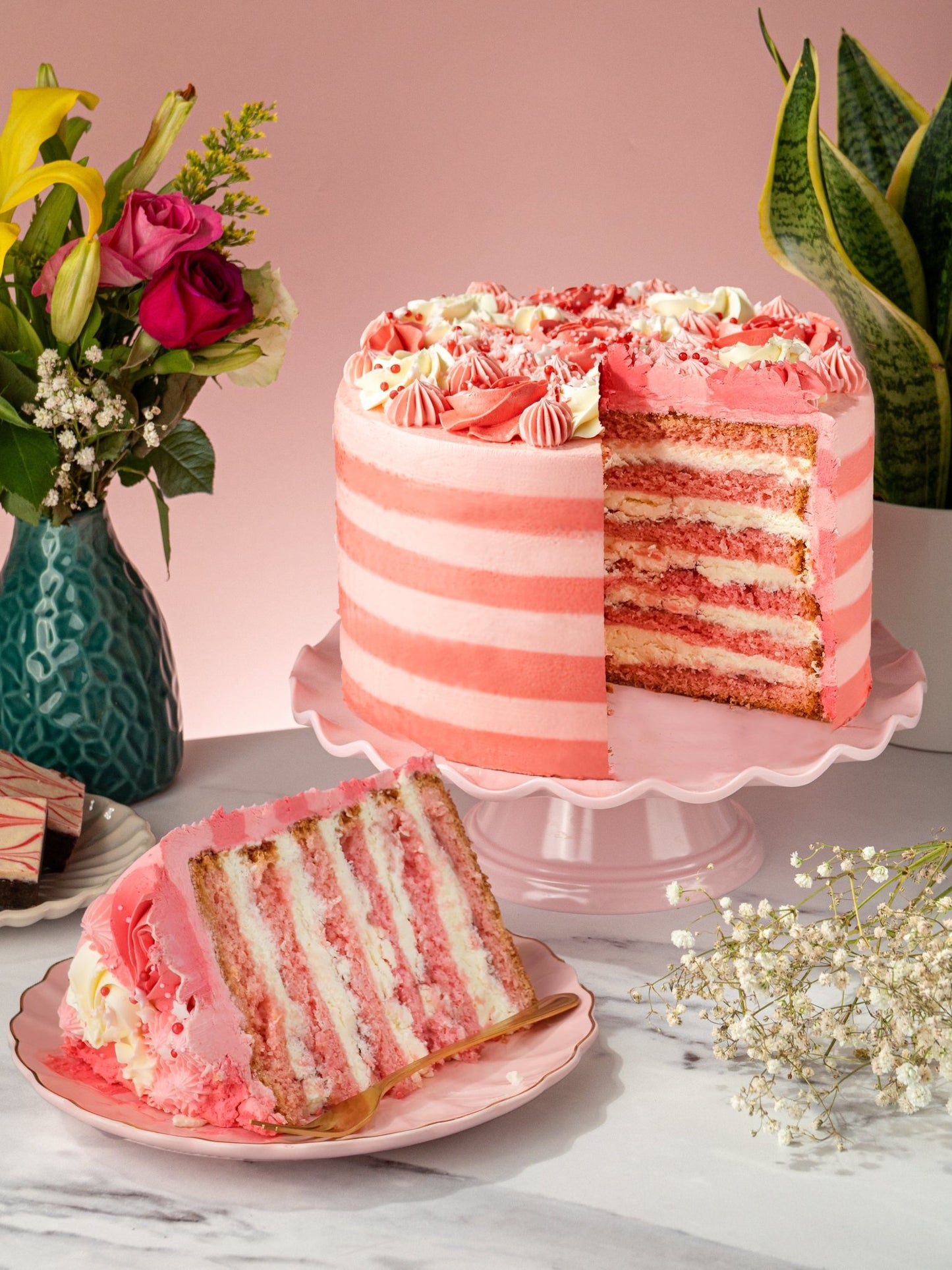 Patisserie Valerie's handmade Pink Candy Stripe Gateau cake delivery