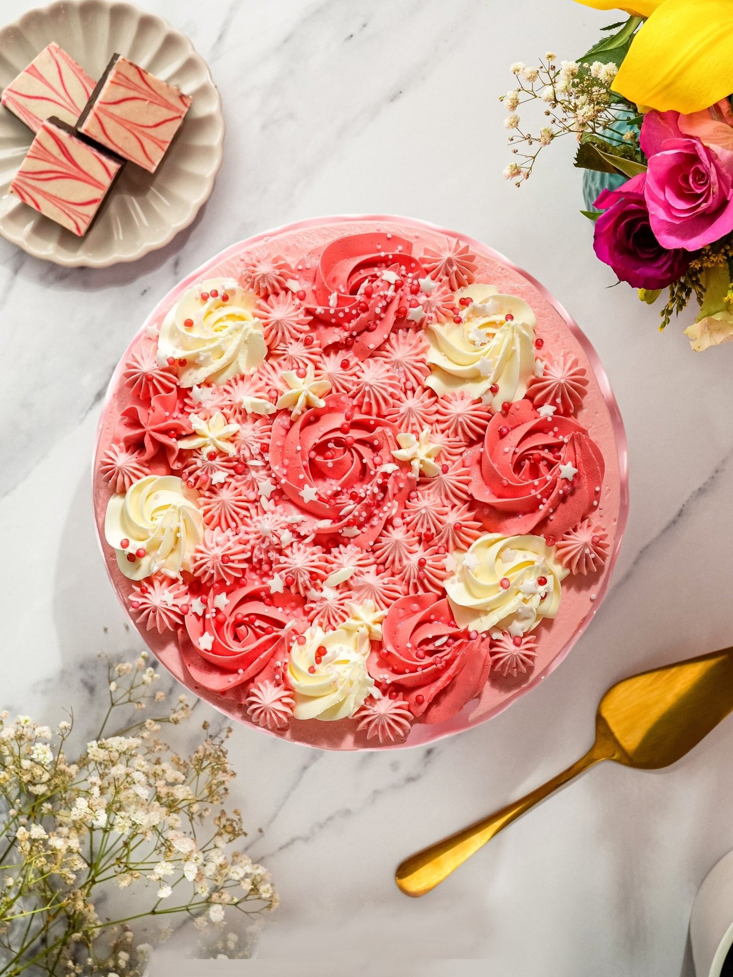 Patisserie Valerie's handmade Pink Candy Stripe Gateau cake delivery