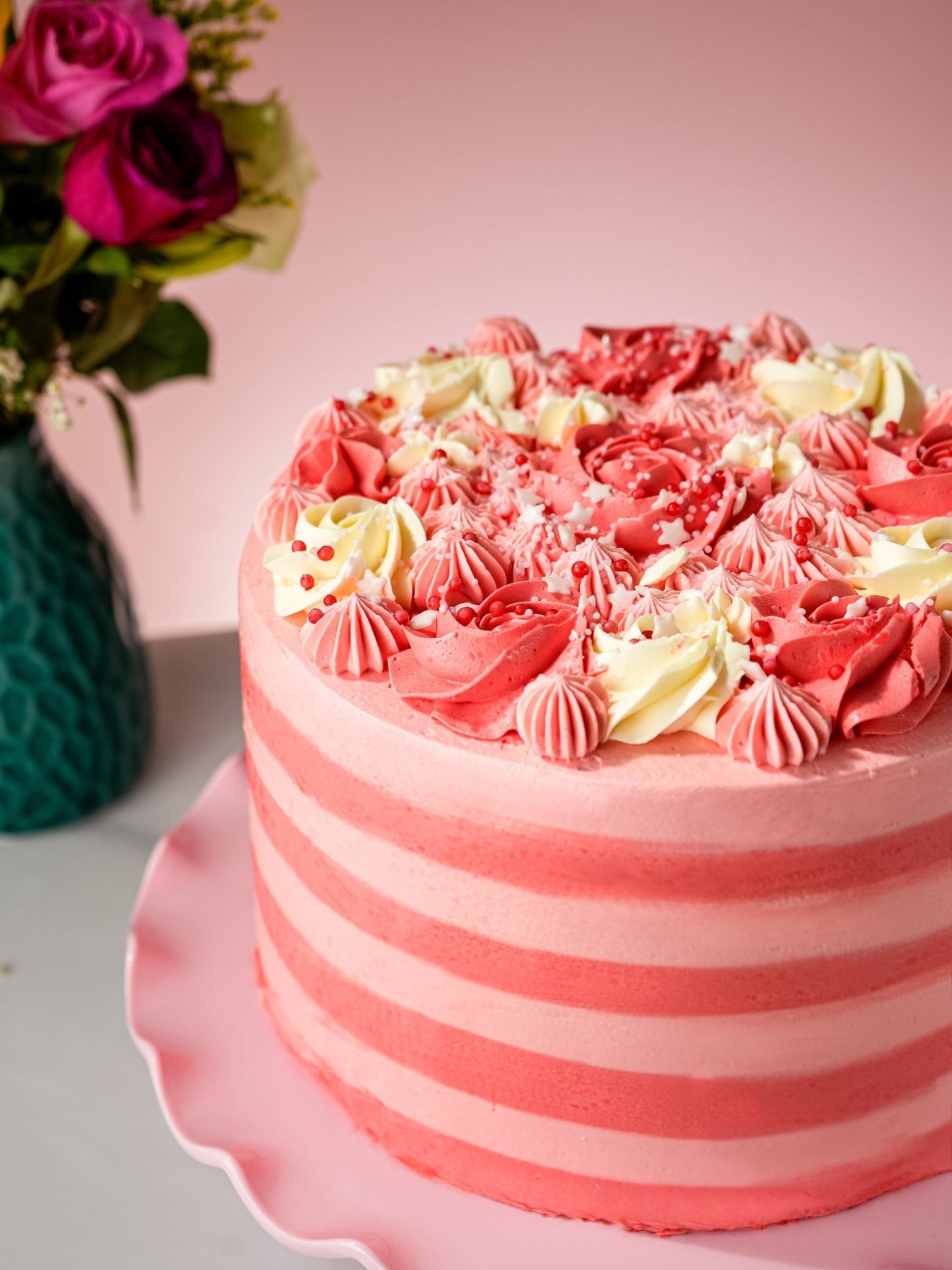 Patisserie Valerie's handmade Pink Candy Stripe Gateau cake delivery