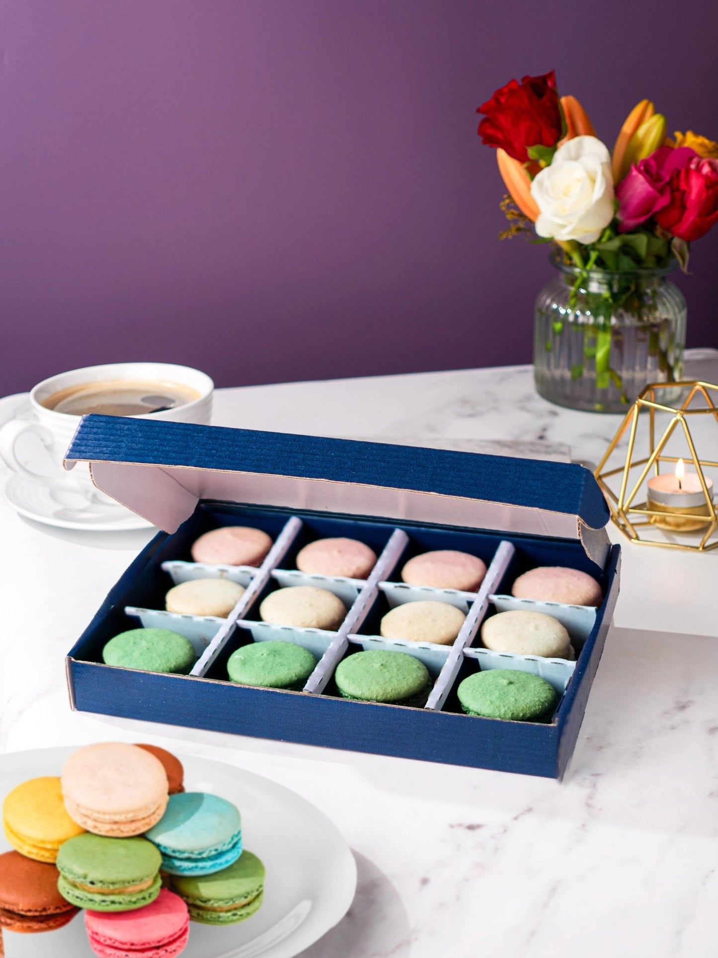 Patisserie Valerie's handmade Pistachio, Vanilla & Rose Macarons Gift Box cake delivery