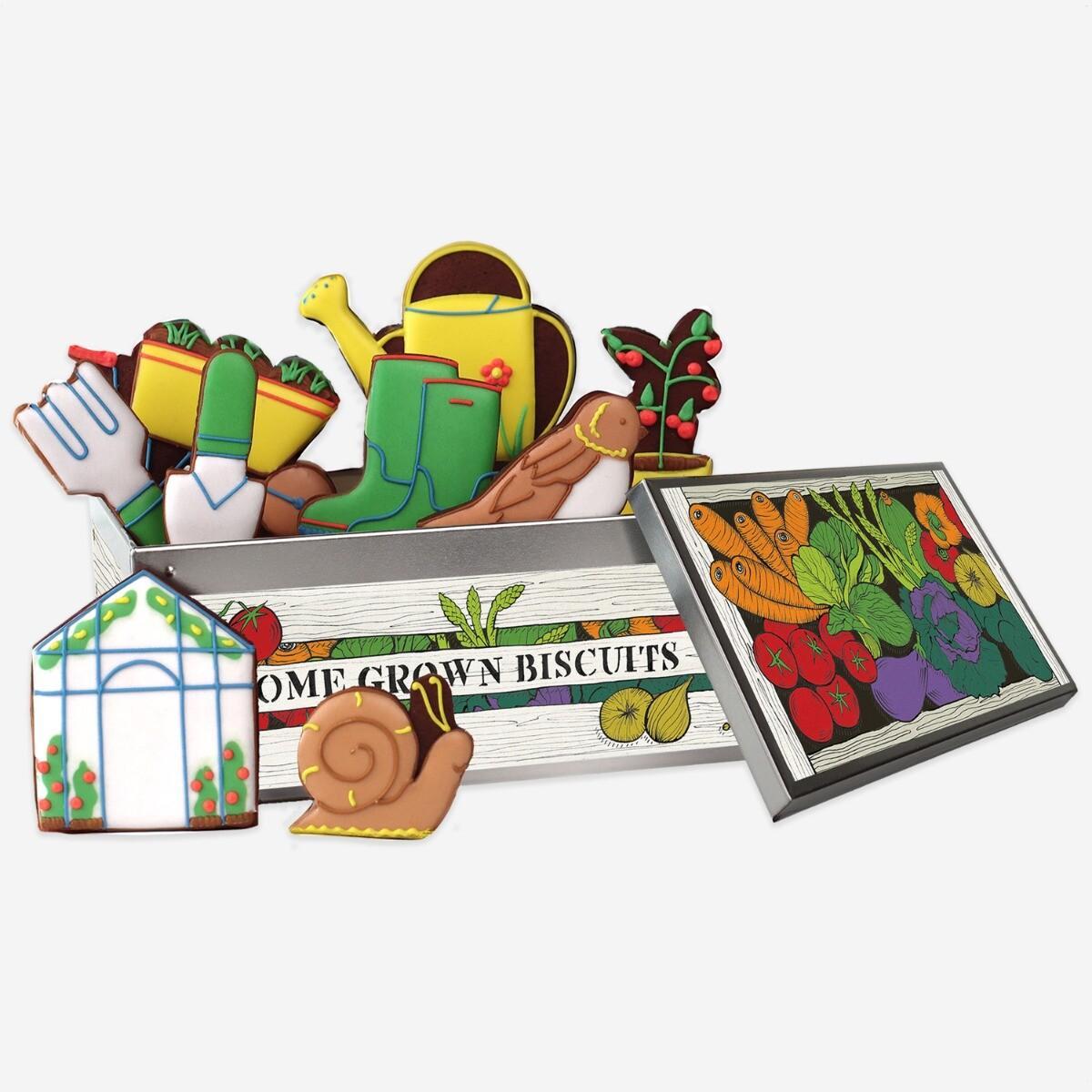 Patisserie Valerie's handmade Biscuiteers 'The Gardeners' Hand Iced Biscuits with Tin 100g cake delivery