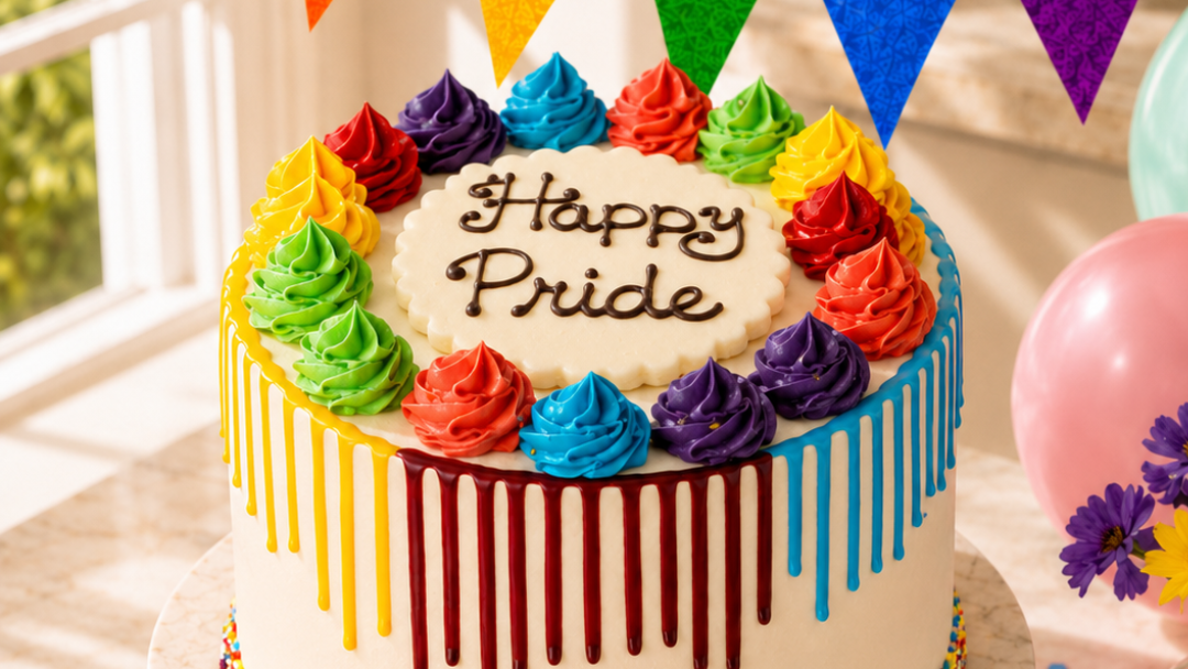 Patisserie Valerie Rainbow Cake with 'Happy Pride' inscription — Pride Month 2026 in partnership with Birmingham LGBT
