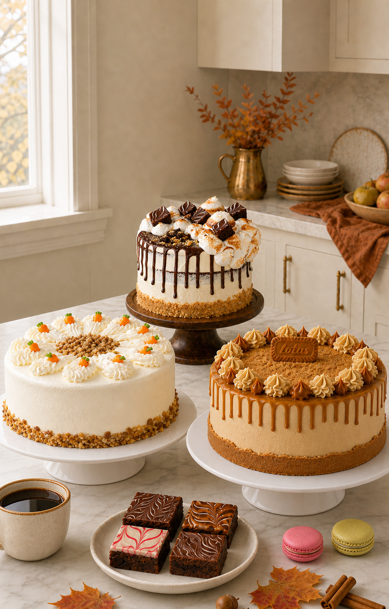 Three decorated cakes displayed on white cake stands on a kitchen counter, with brownies, macarons, a mug of coffee, and autumn leaves in the foreground.