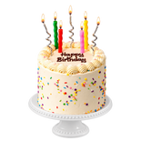 White Celebration Birthday Cake on a white pedestal stand