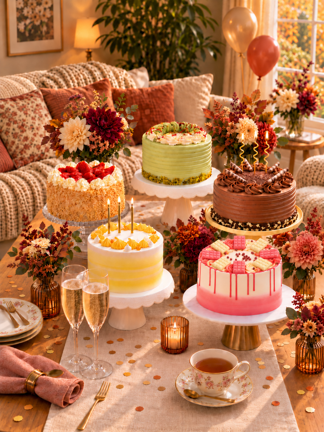Birthday cakes with a pink drip cake topped with eight chocolate bars