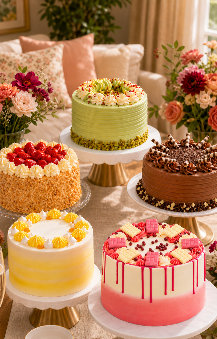 Birthday cakes with a pink drip cake topped with eight chocolate bars