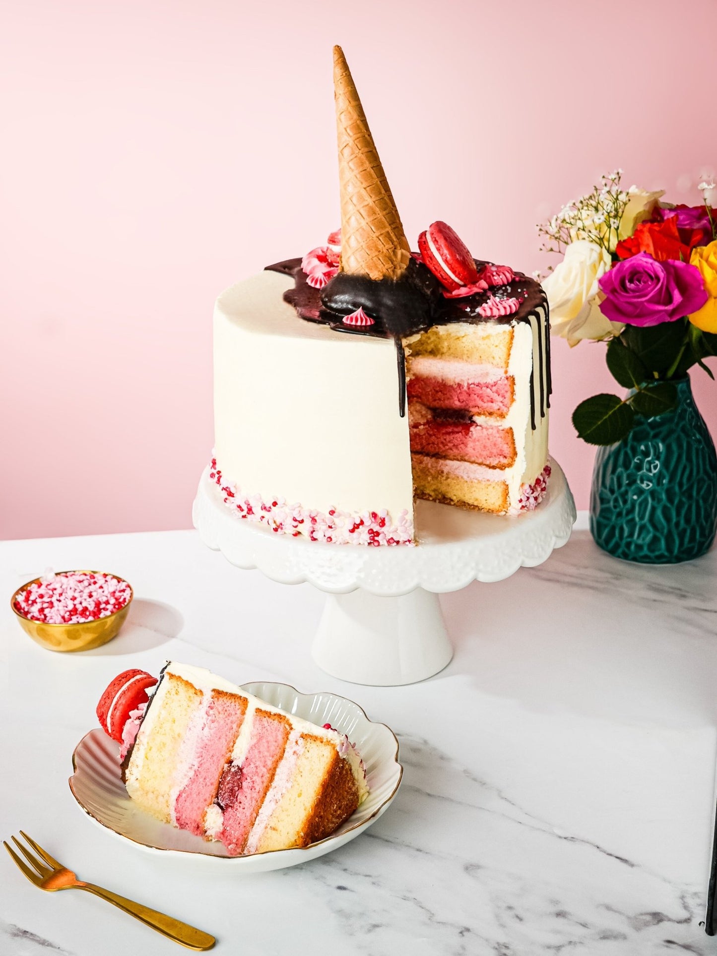 Patisserie Valerie's handmade 18th Birthday Cake Bundle - Ice Cream Cone Drip Cake cake delivery 