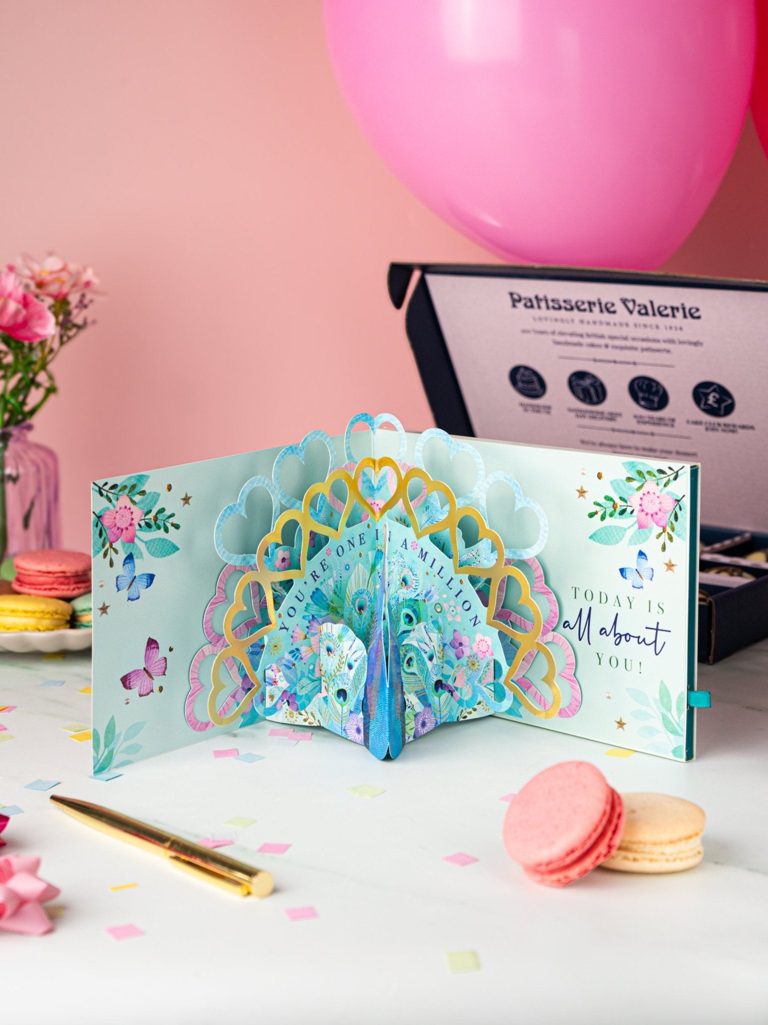 Patisserie Valerie's handmade 3D Pop-Up Chocolate Happy Birthday Card - Peacock cake delivery 