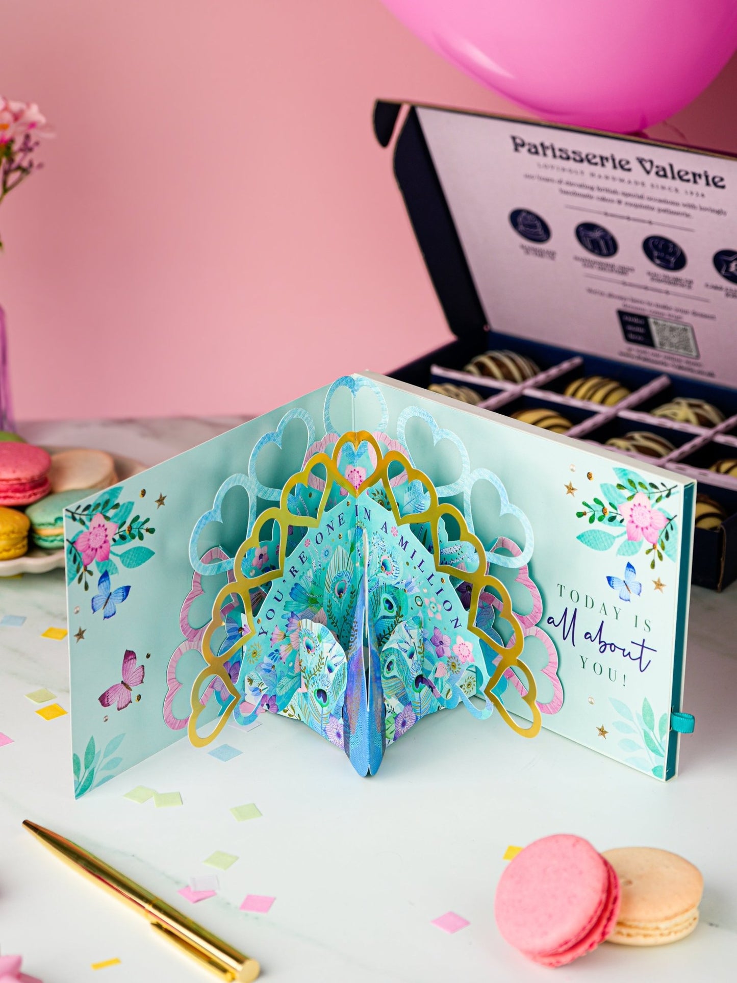 Patisserie Valerie's handmade 3D Pop-Up Chocolate Happy Birthday Card - Peacock cake delivery 