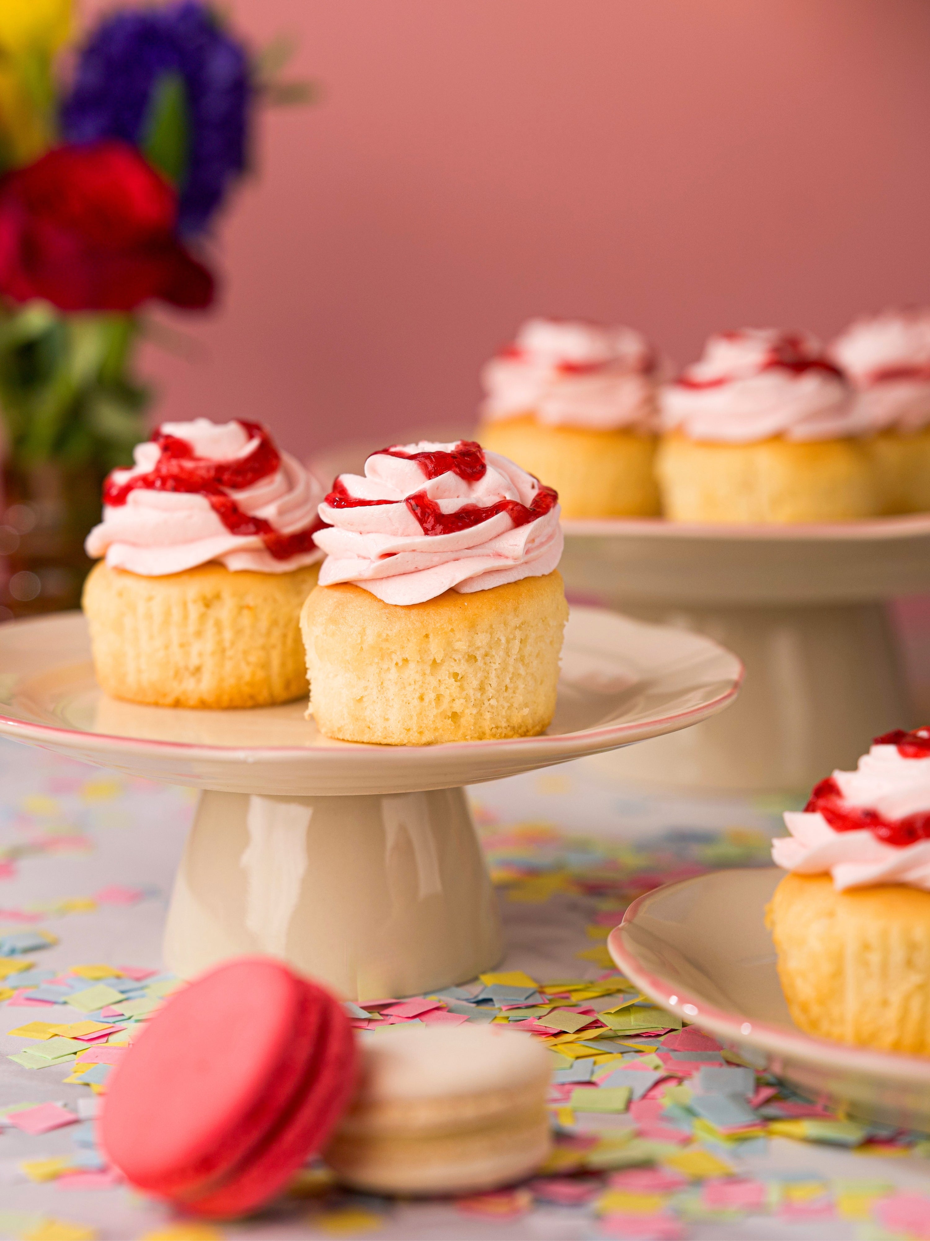 Strawberry Royale Golden Génoise Cupcakes