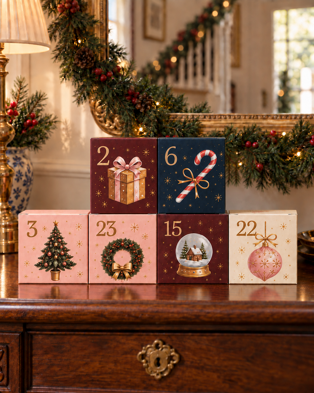 Six Patisserie Valerie advent boxes stacked on a hallway sideboard with a Christmas garland