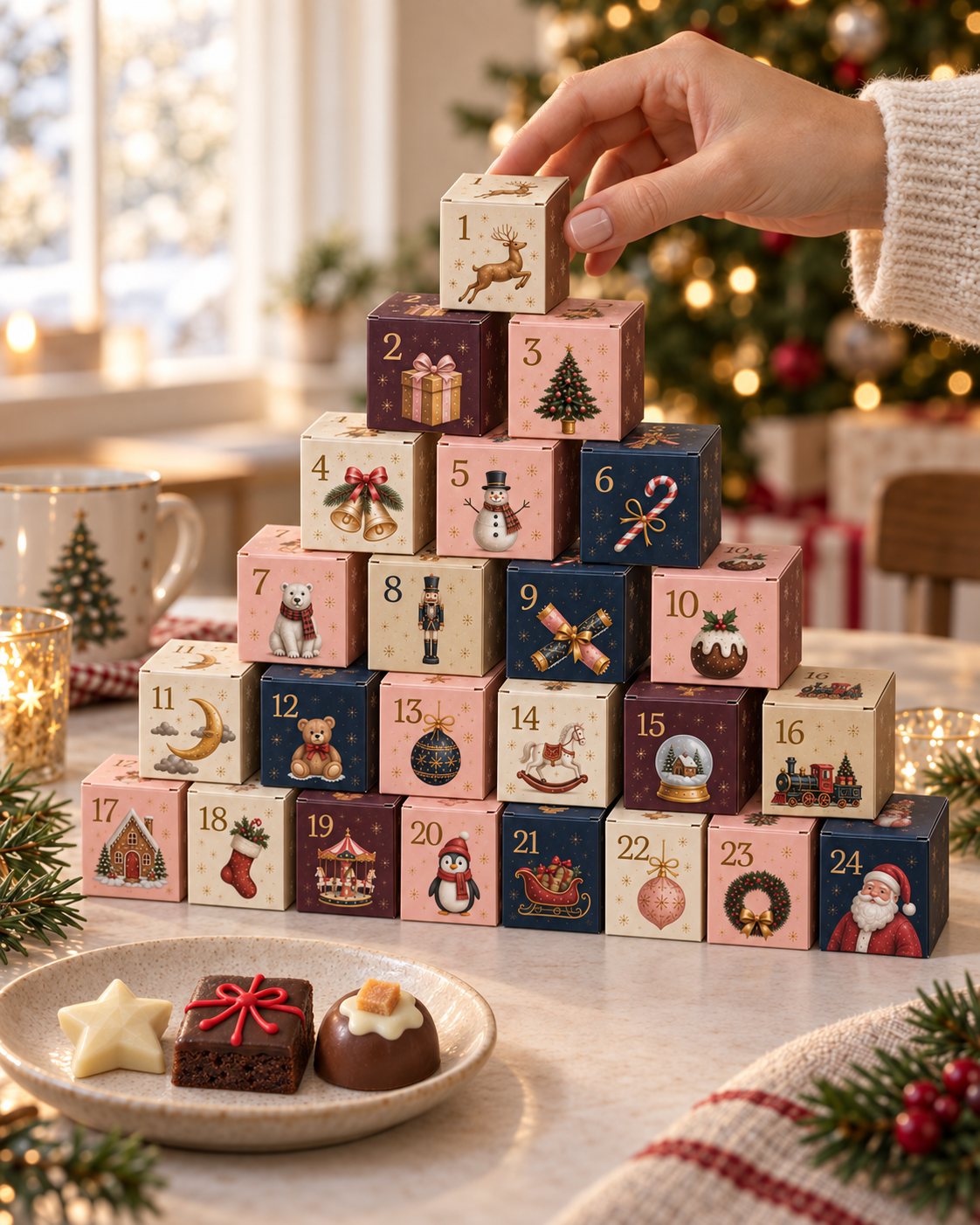 Hand taking box 1 from a tower of 24 Patisserie Valerie advent boxes, with a white chocolate star, red bow brownie and chocolate pudding on a plate