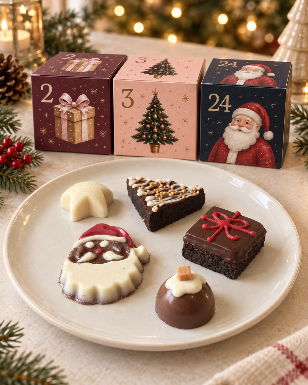Patisserie Valerie advent boxes 2, 3 and 24 behind a plate of advent treats including brownies, a white chocolate star, a chocolate pudding and a Father Christmas chocolate