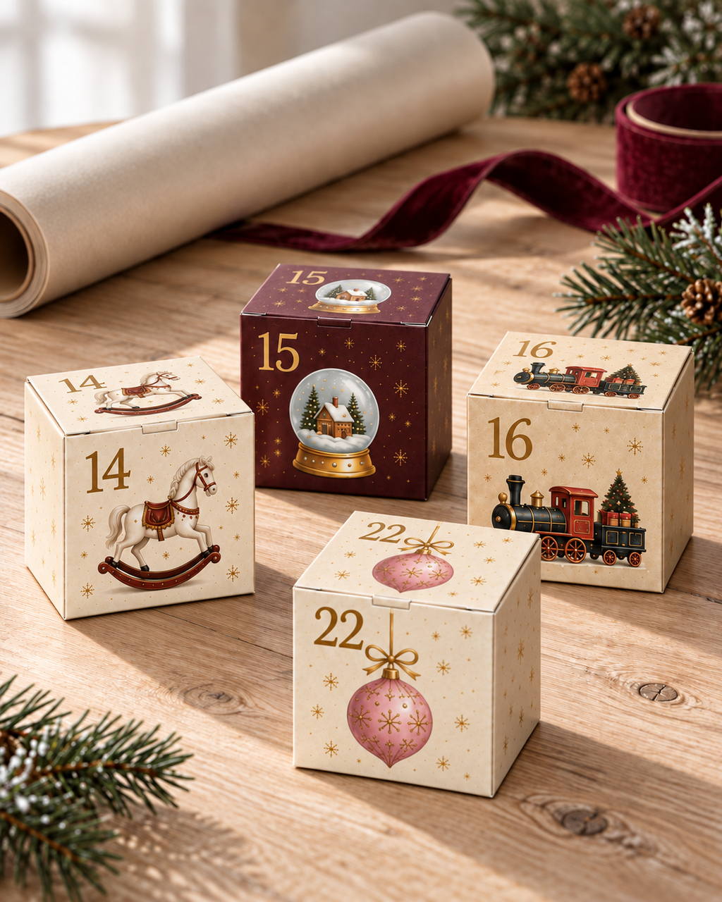 Patisserie Valerie advent boxes 14, 15, 16 and 22 on a wooden table with wrapping paper and ribbon