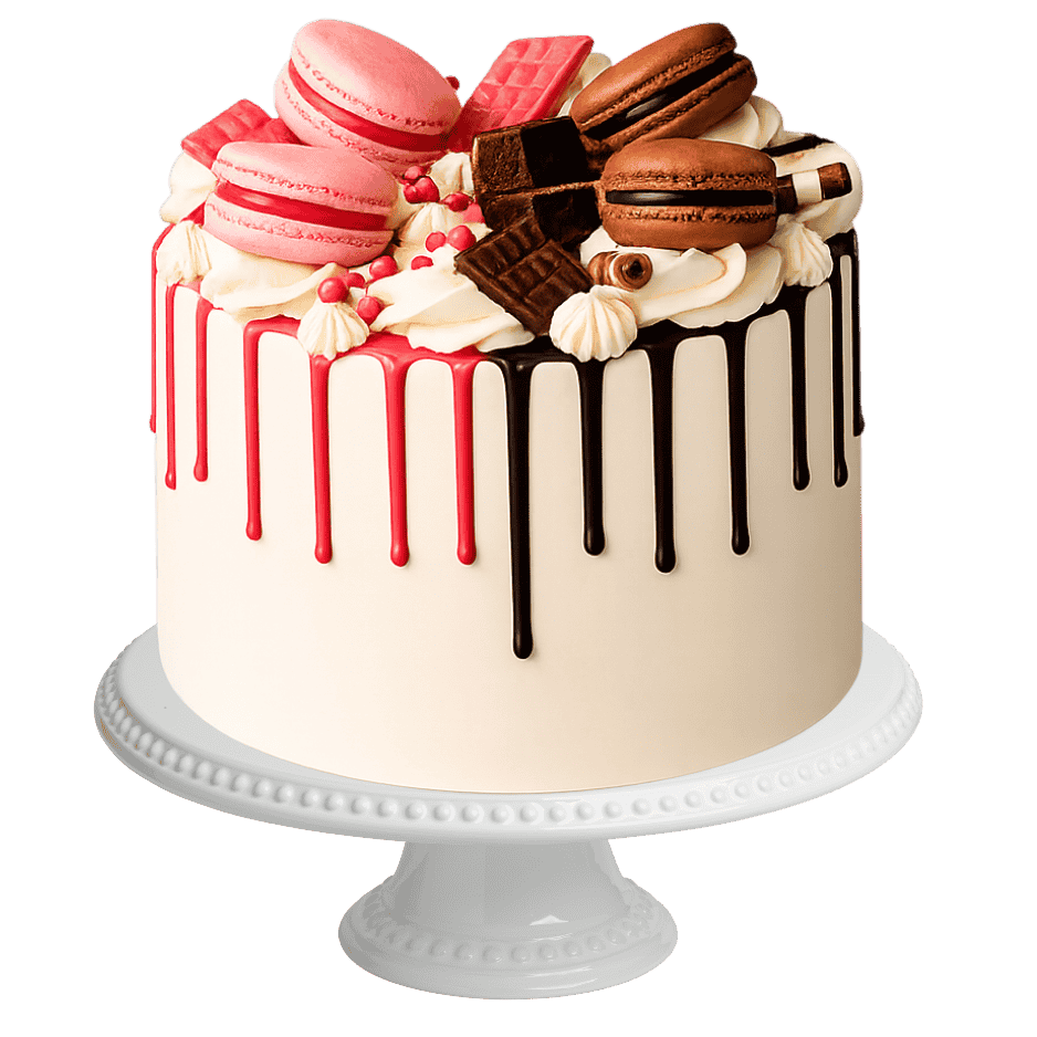 Decorative cake with red and chocolate drizzle on a white stand against a transparent background