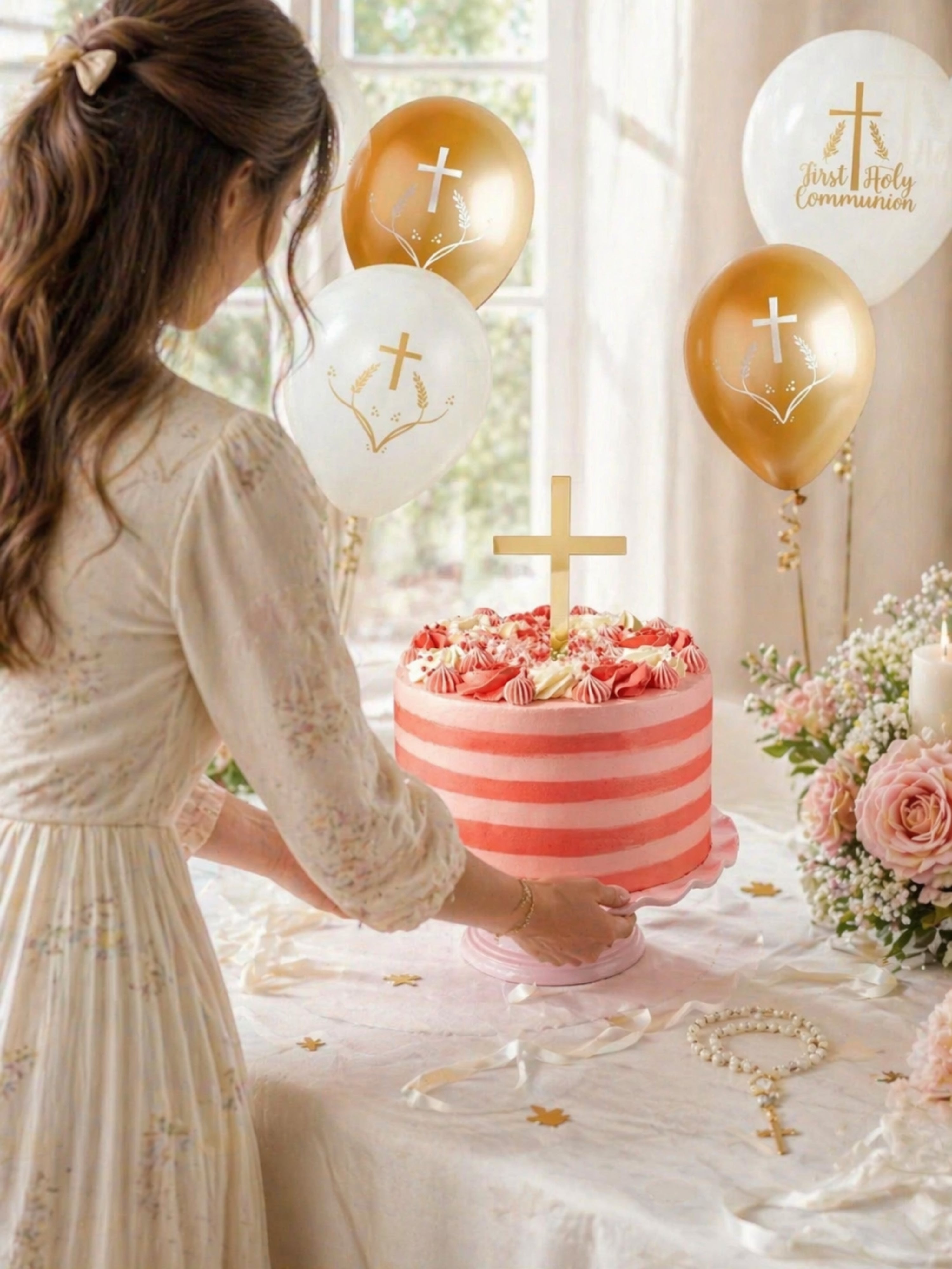 Holy Communion Pink Stripe Cake Bundle