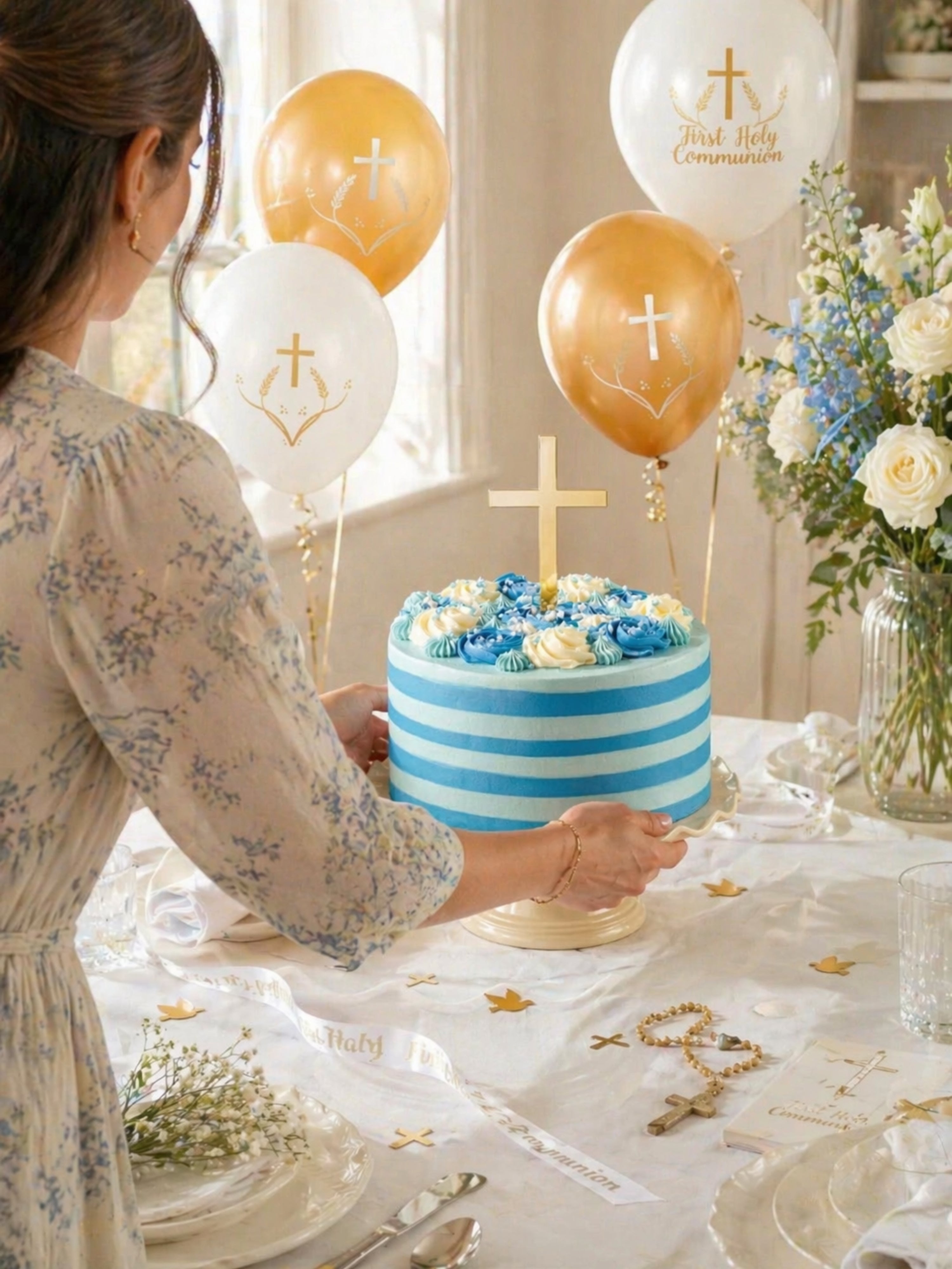 Holy Communion Blue Candy Stripe Cake Bundle