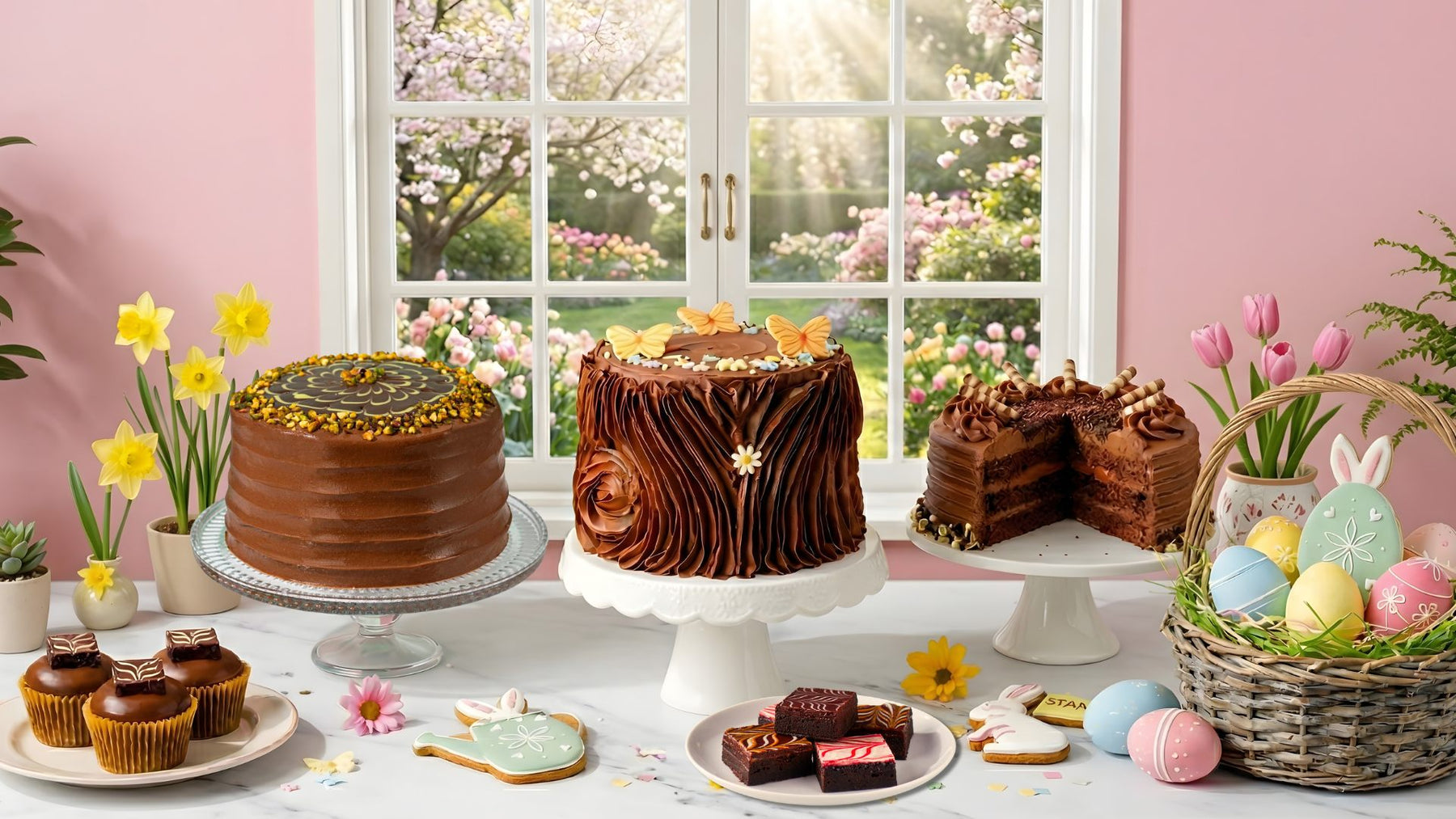 Easter-themed cake display with pastries and a basket of eggs in a bright room with flowers outside the window.