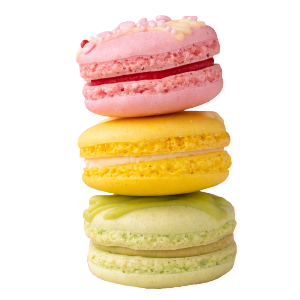 Stack of colorful macarons on a white background