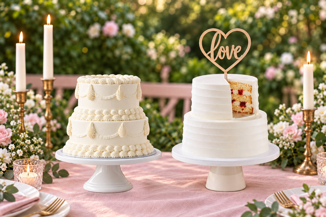 Equal-size white Lambeth and vanilla wedding cakes, upright on a pink garden wedding table
