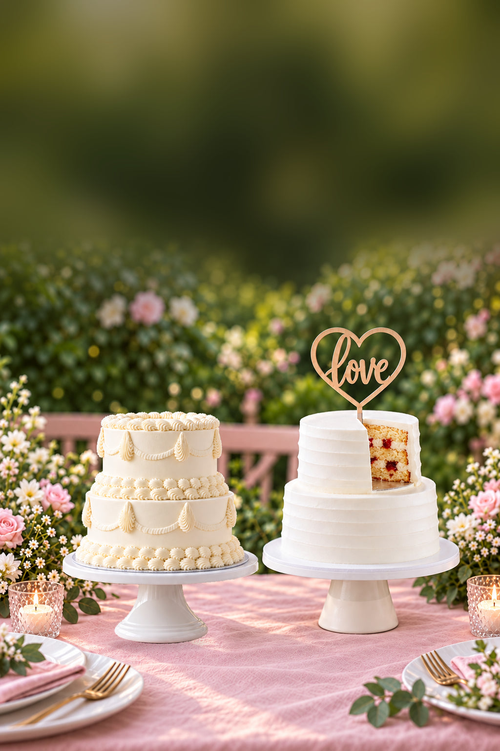 Equal-size white wedding cakes on a pink garden table, with clear space above