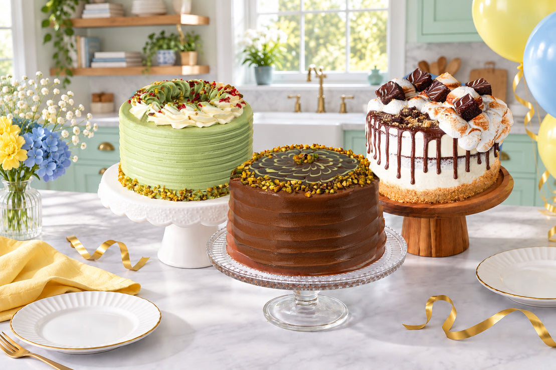 Pistachio, Dubai chocolate and S’mores cakes in a peppermint mint kitchen