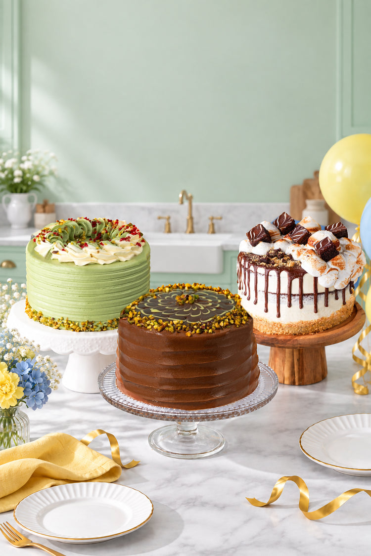 Pistachio, Dubai chocolate and S’mores cakes in a peppermint mint kitchen