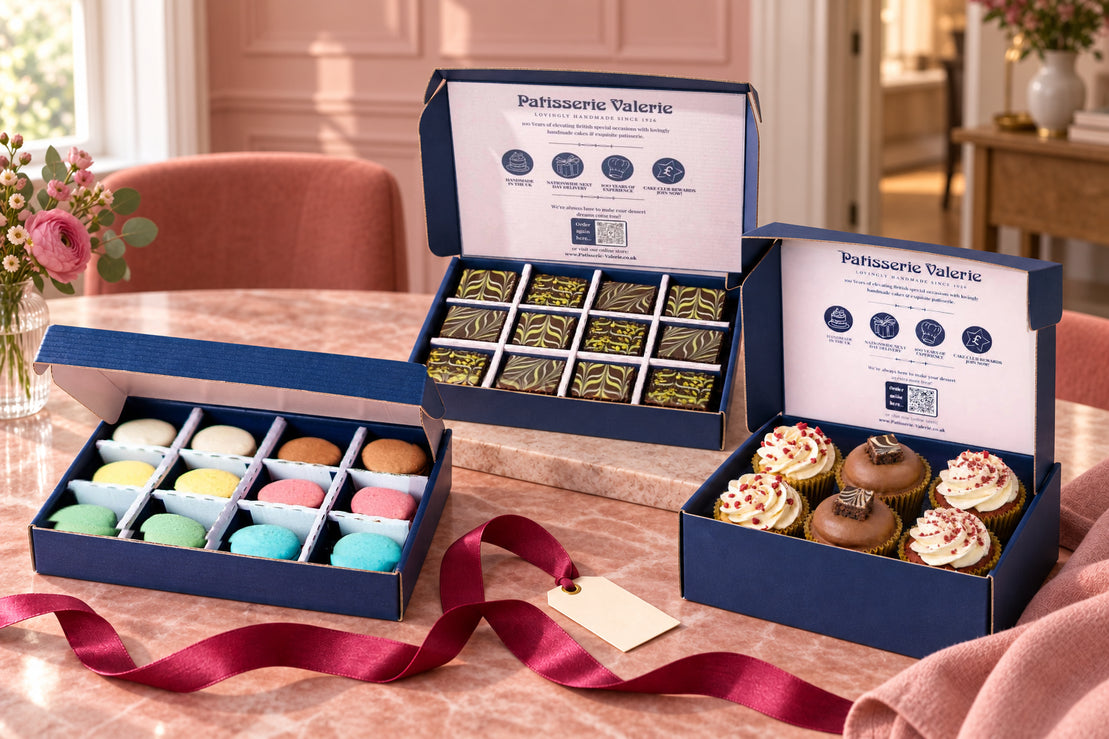 Macarons, Dubai chocolate pistachio brownies and handcrafted cupcakes in a pink dining room