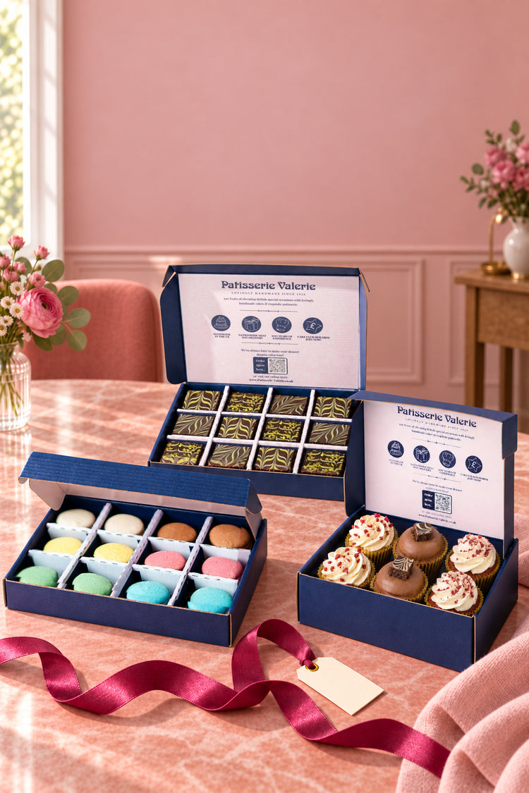 Macarons, Dubai chocolate pistachio brownies and handcrafted cupcakes in a pink dining room