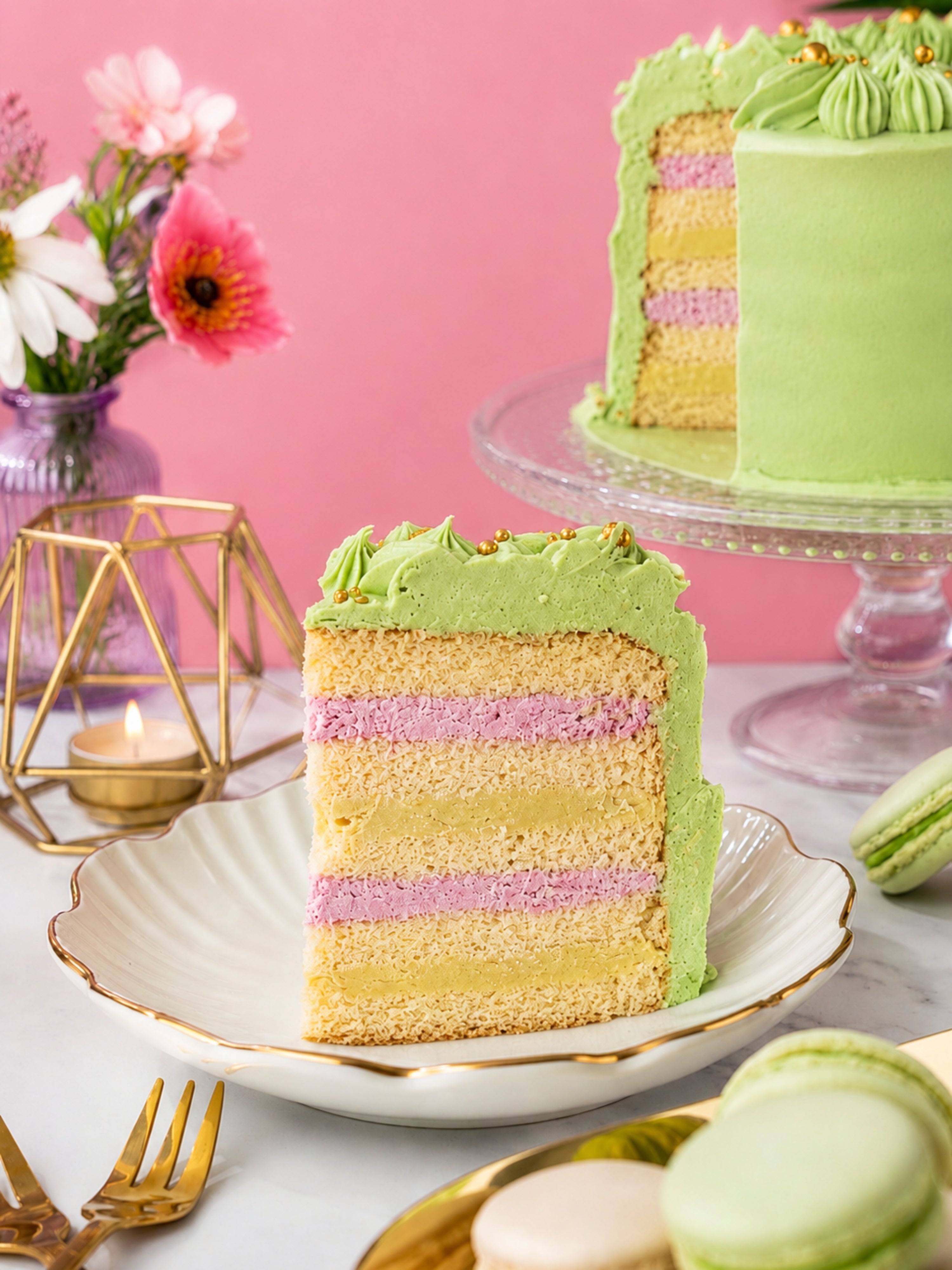 Personalised Pistachio & Raspberry Celebration Cake