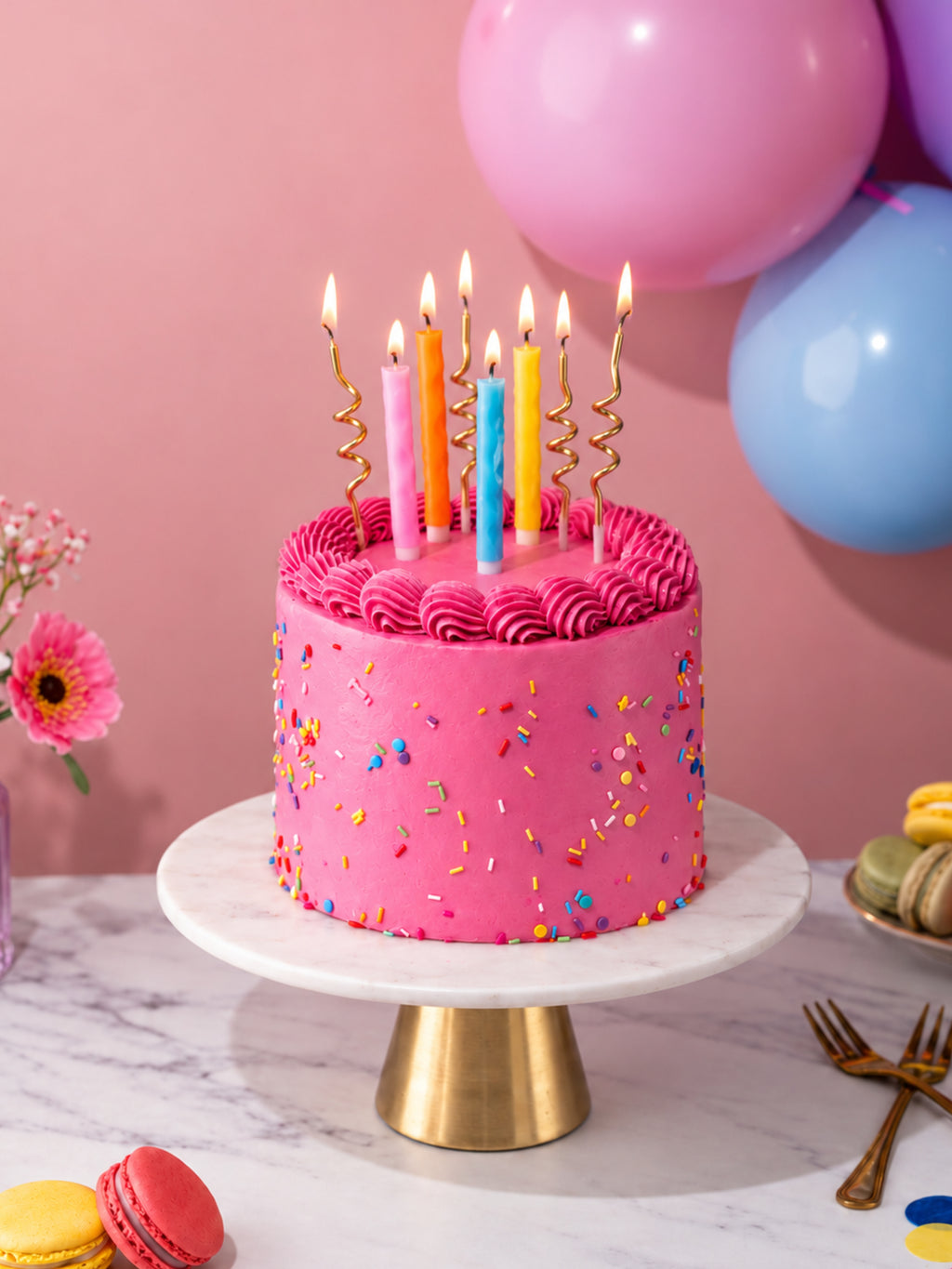 Pink celebration birthday cake with colourful sprinkles and lit candles on a cake stand