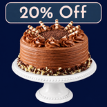 Ultimate Chocolate Layer Cake on a white cake stand, 20% Off Treat Yourself Tuesday