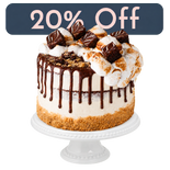 S'mores cake on a white cake stand with 20% off banner