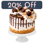 S'mores cake on a white cake stand with a pink-bordered 20% Off badge