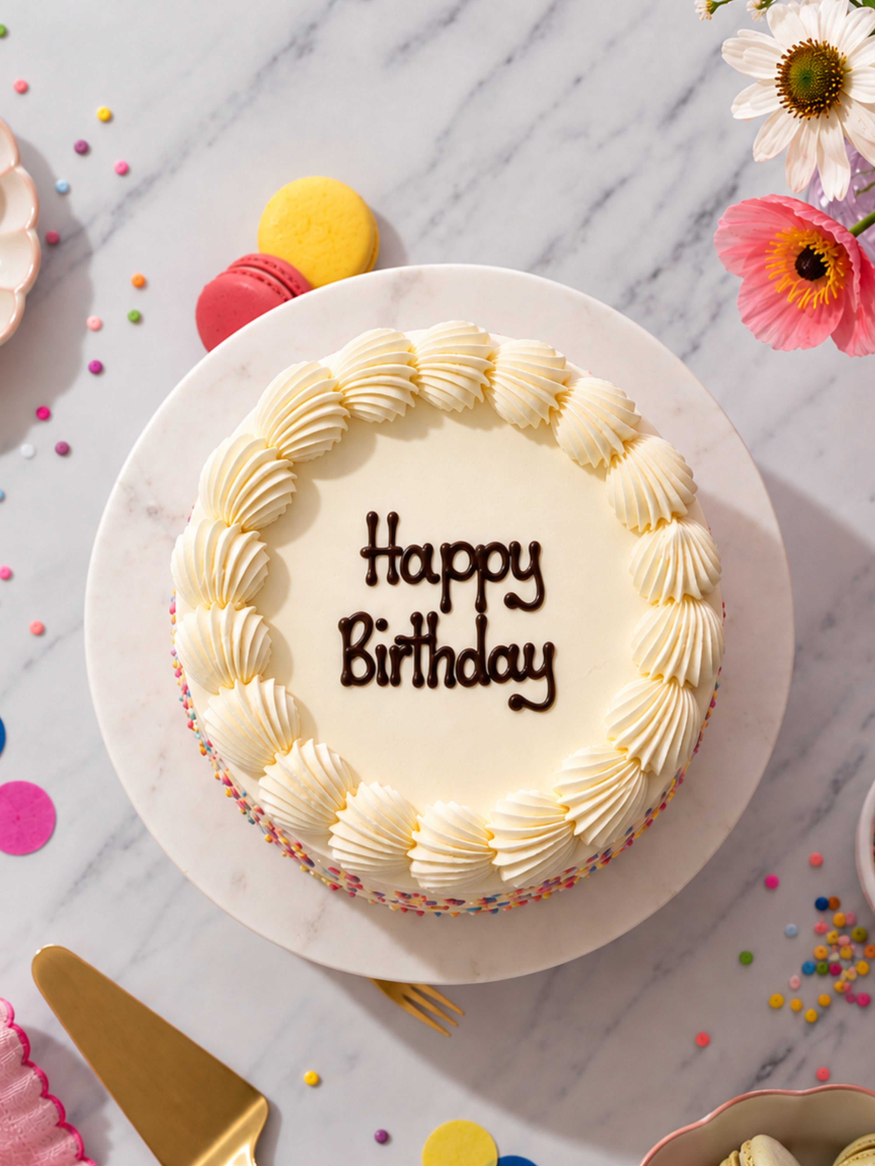 Overhead view of the white celebration birthday cake with piped vanilla swirls and Happy Birthday message