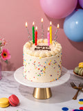 White birthday cake with colourful sprinkles, Happy Birthday message and lit candles on a cake stand