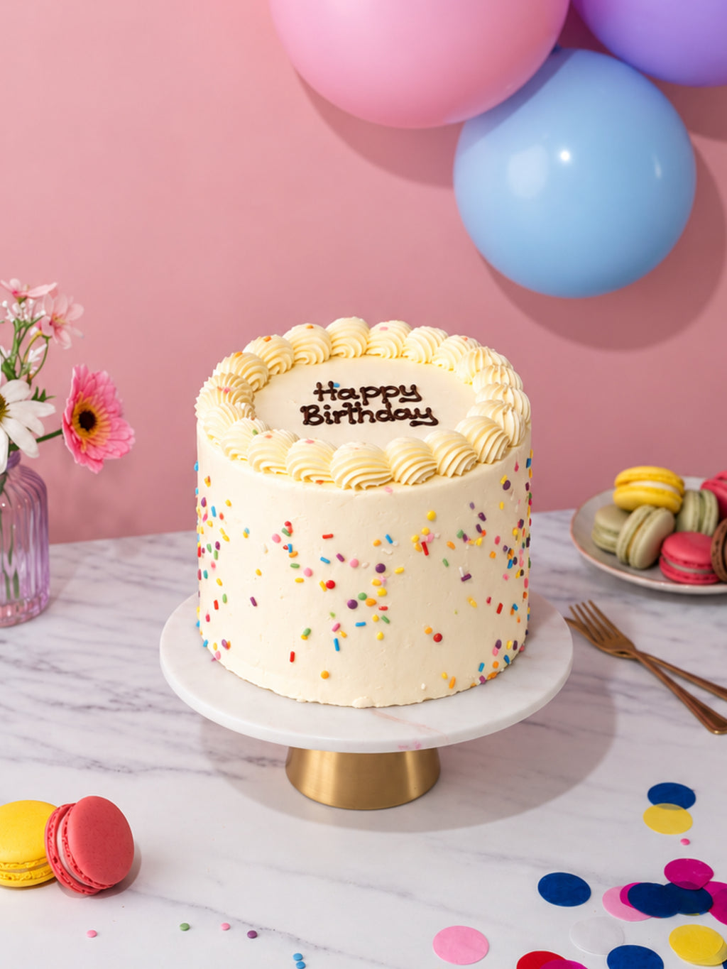 White celebration birthday cake with colourful funfetti sprinkles on a cake stand with balloons