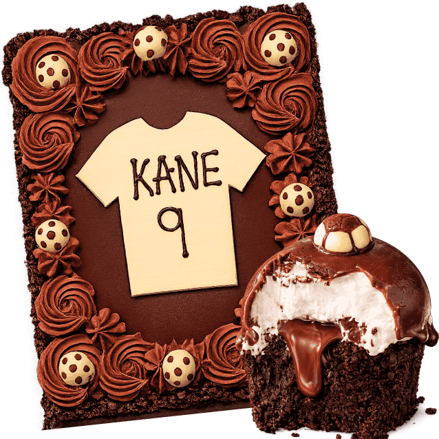 Chocolate cake with a personalized t-shirt design and a chocolate cupcake with white frosting.
