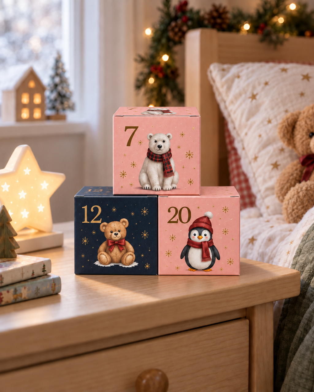 Patisserie Valerie advent boxes 7, 12 and 20 stacked on a bedside table in a festive bedroom