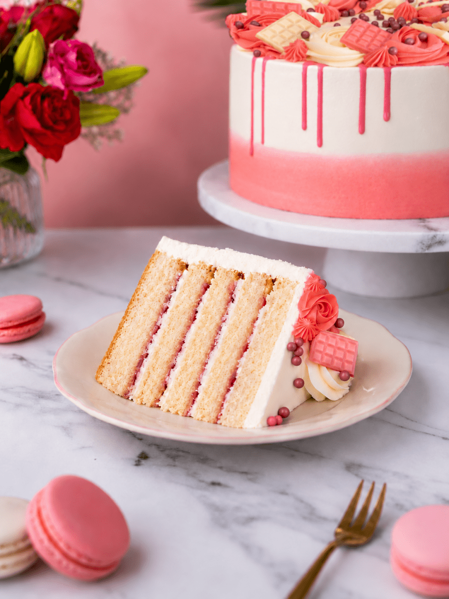 Slice of Blush Pink Celebration Drip Cake showing vanilla sponge layers, whipped cream and raspberry filling.