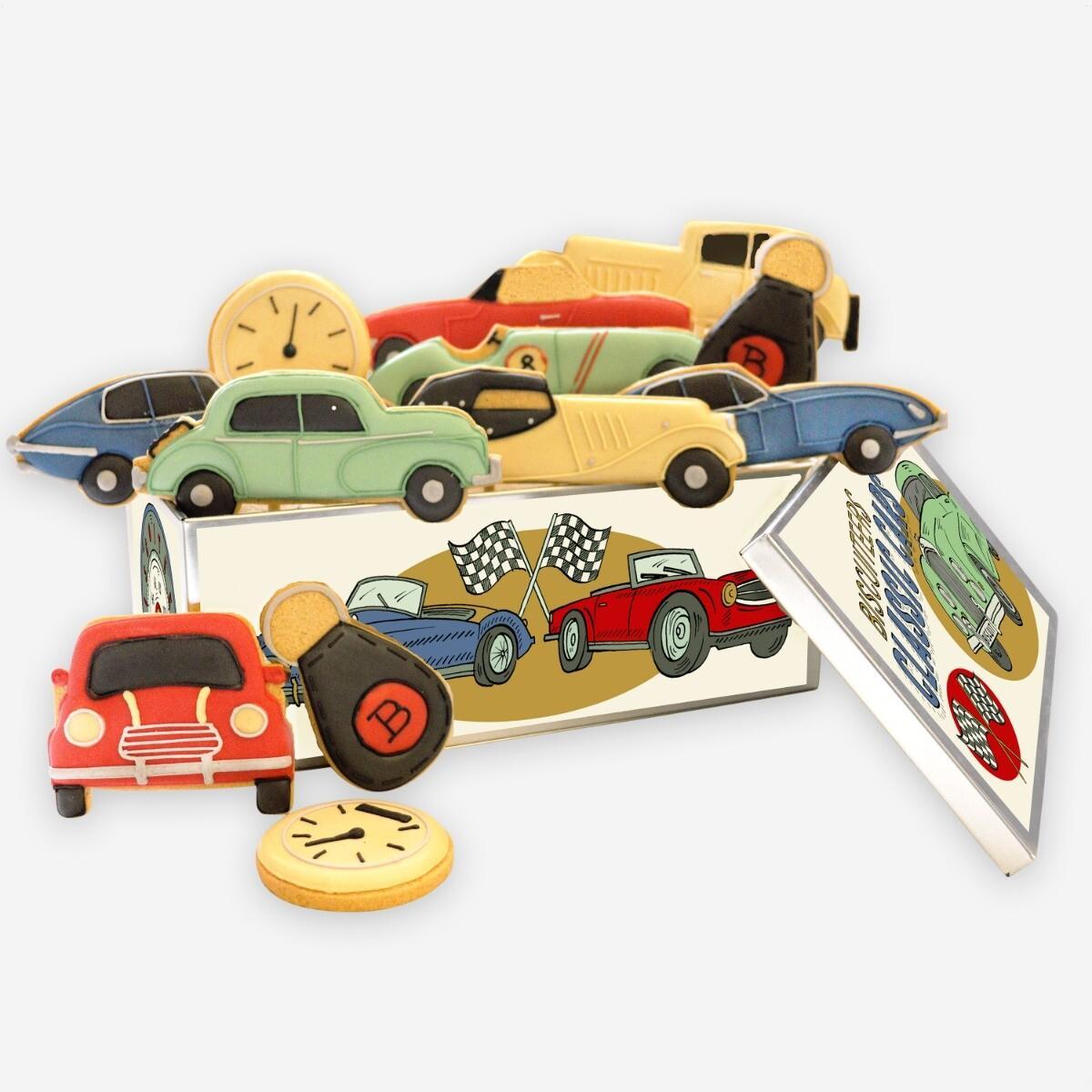 Patisserie Valerie's handmade Biscuiteers British Classic Cars Luxe Hand-Iced with Biscuit Tin 270g cake delivery 