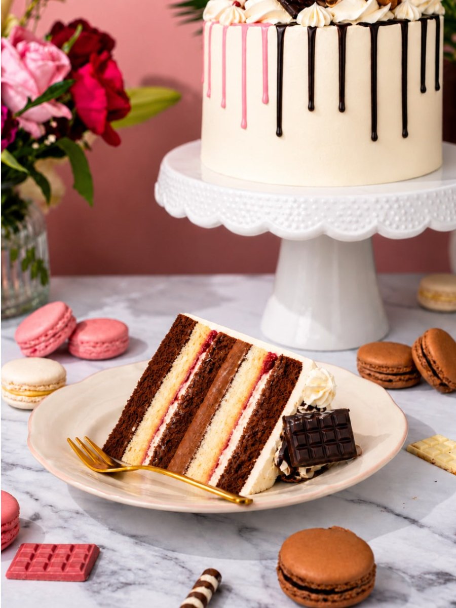 Slice of the Half and Half Drip Cake showing chocolate and vanilla sponge layers, with the whole cake on a cake stand behind