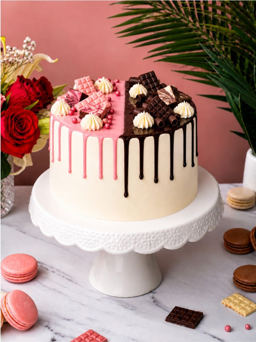 Chocolate and Blush Pink Half and Half Drip Cake with pink and dark chocolate drips, chocolate bars, marbled brownie bites, pink pearls and vanilla rosettes