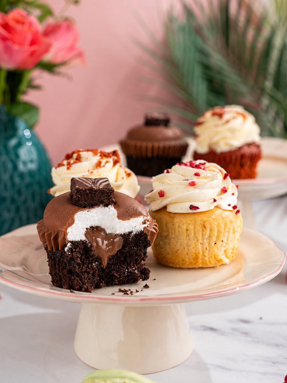Chocolate Mallow Brownie cupcake cut open to show its chocolate centre