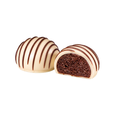 Chocolate with white chocolate cake bite flavour included, two transparent cake bites with plain sponge centre
