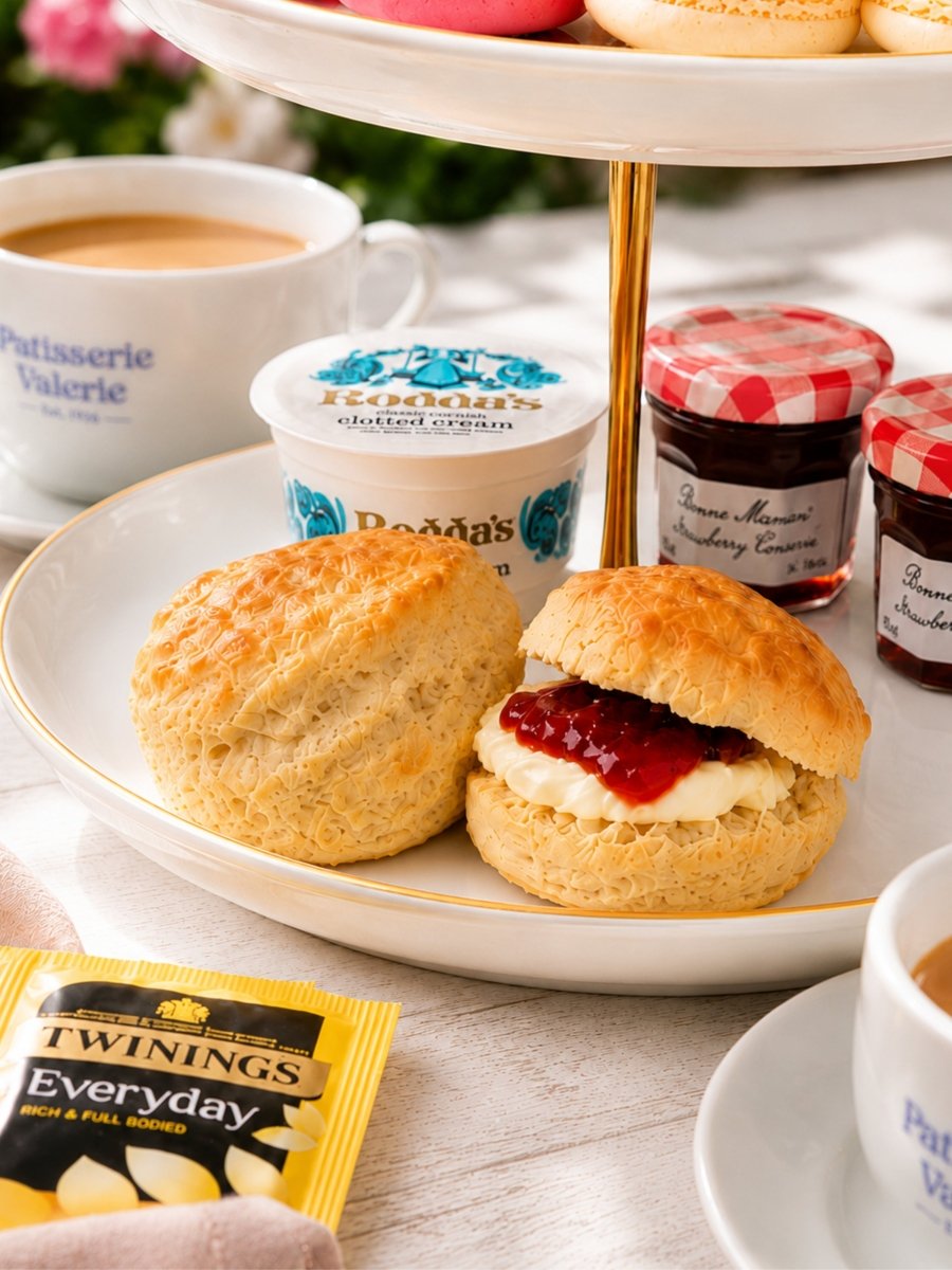Afternoon tea for two delivery box with scones, macarons, Victoria sponge and chocolate slice - Patisserie Valerie
