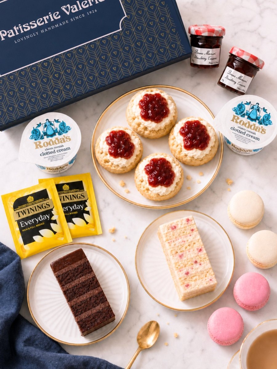 Classic Afternoon Tea for 2 with scones, clotted cream, jam, macarons and mini cake slices - Patisserie Valerie