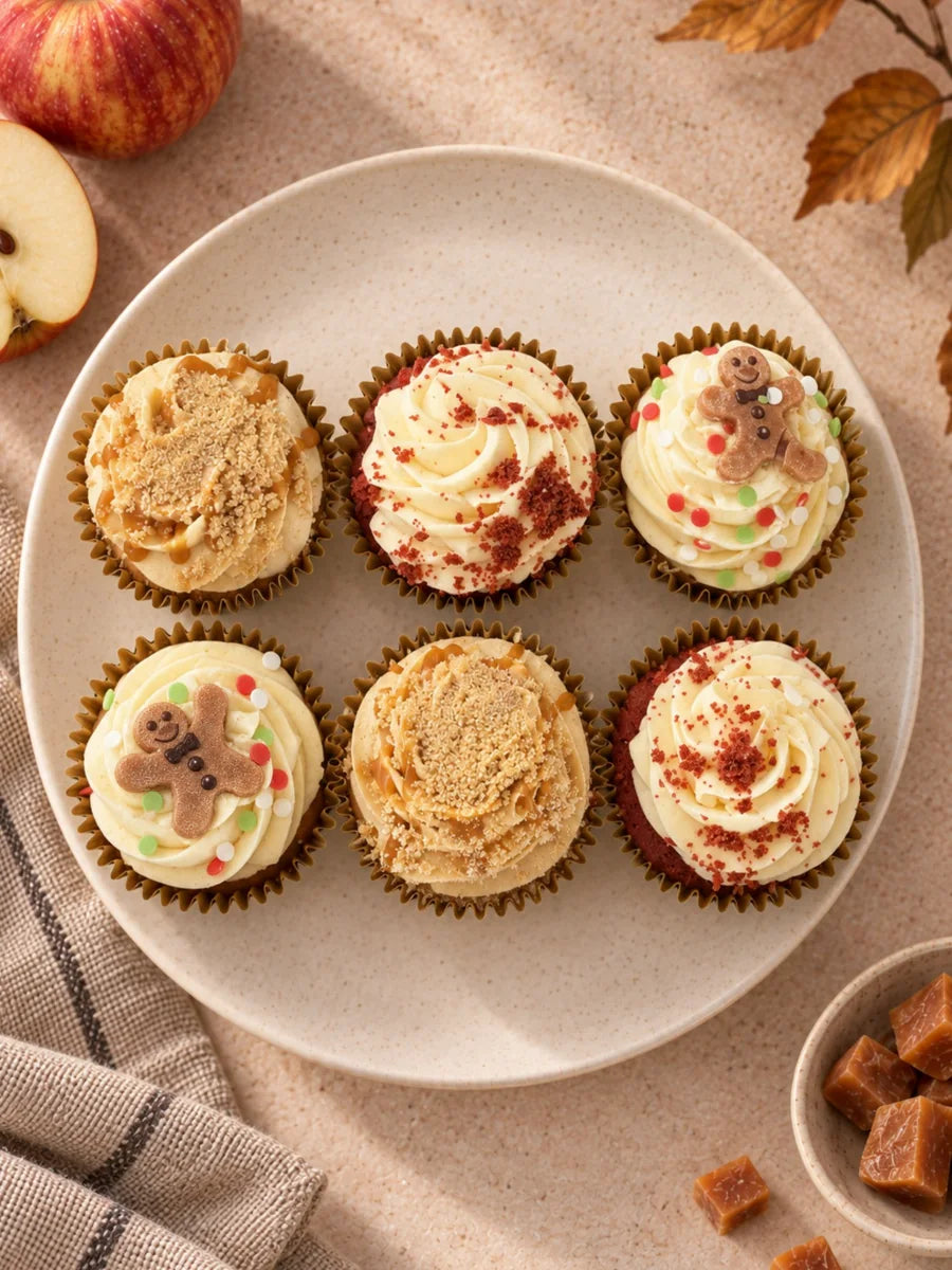 Overhead view of The Cosy Cupcake Box: two each of Toffee Apple, Classic Red Velvet and Gingerbread & Salted Caramel